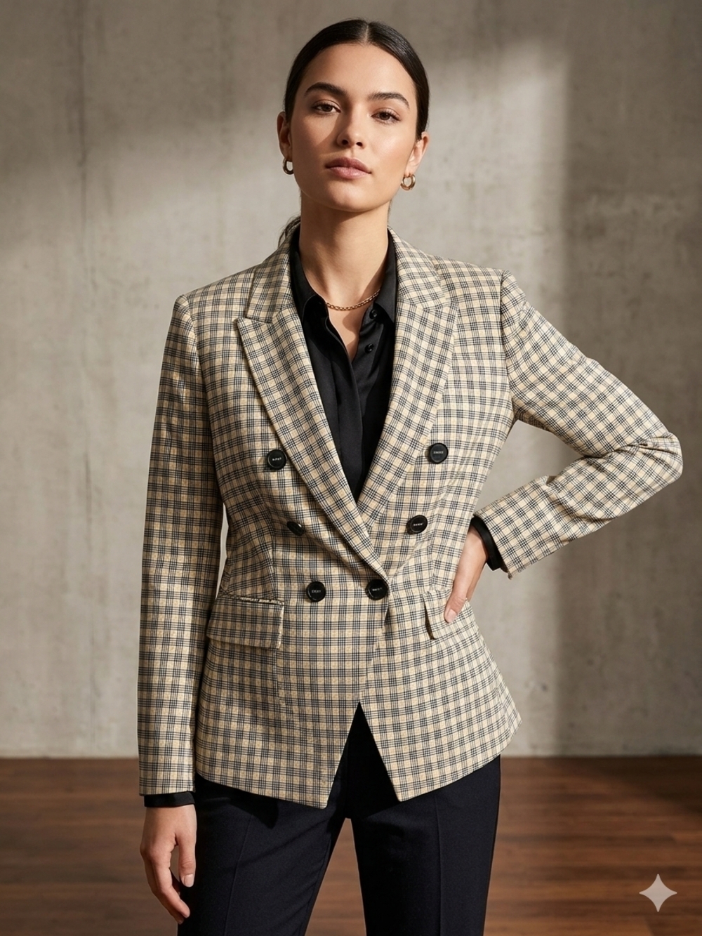 DKNY Double-Breasted Plaid Blazer in Beige and Black
